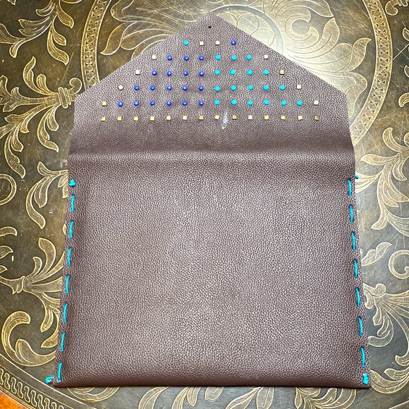 Embellished Handmade Leather Sketch Book Handbag Blue & Brown - Picture 4 of 10